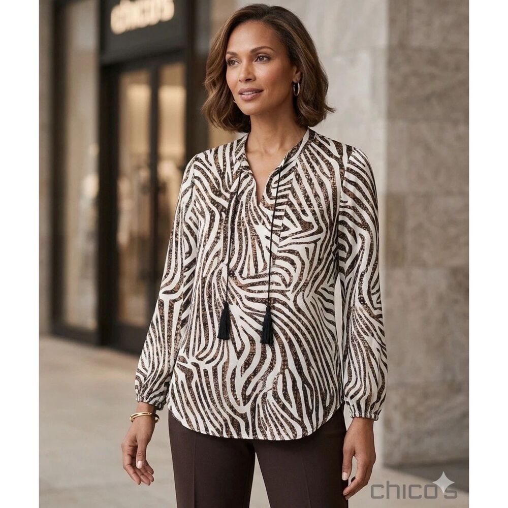 Chicos Blouse Womens Petite Sz XS Top Brown Animal Zebra Tassel Shirt Mobwife